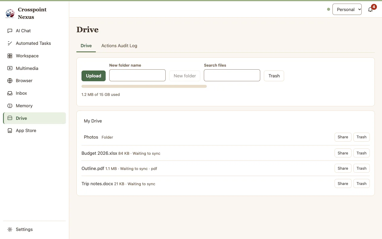 The Drive screen. Drive and Actions Audit Log tabs sit above upload, new folder, and search controls and a storage bar. A file list shows a folder and three files, each with its size and sync state.